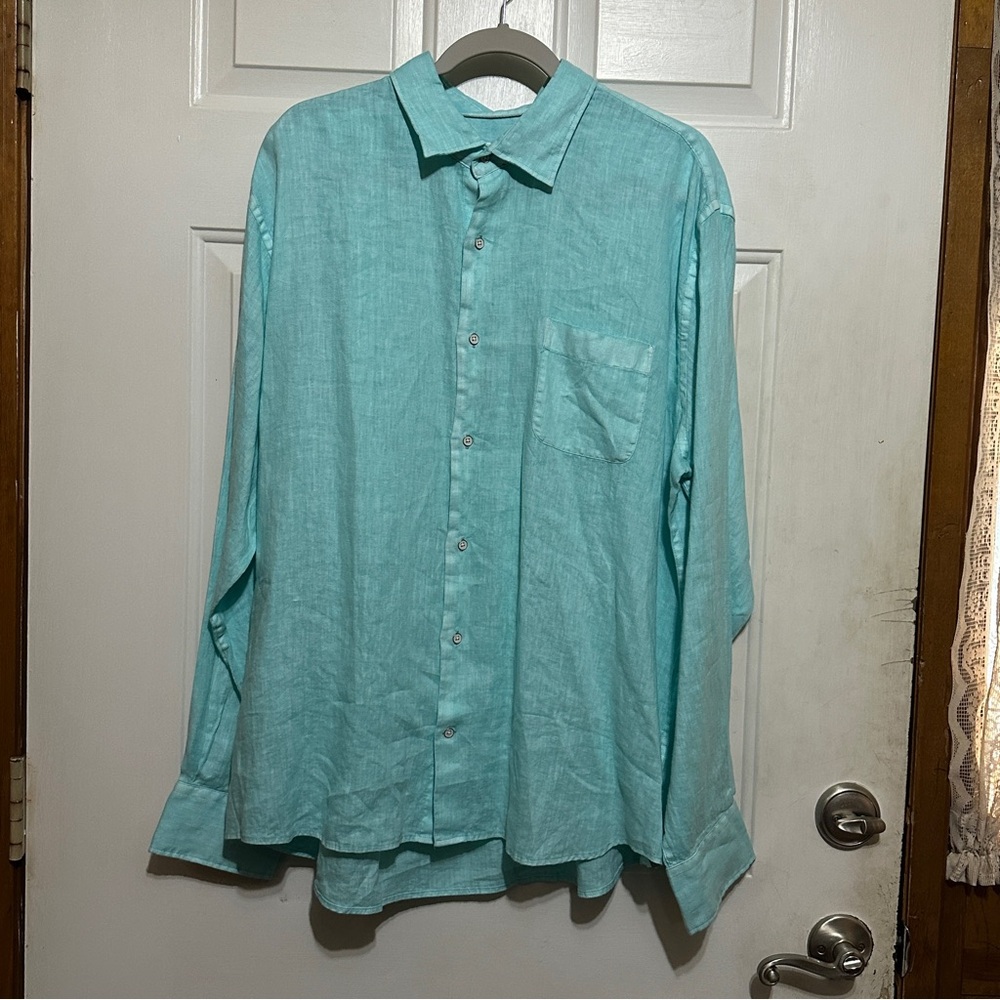 Peter Millar 100% Linen Long Sleeve Button Up Shirt Mint Green XL EXTRA LARGE